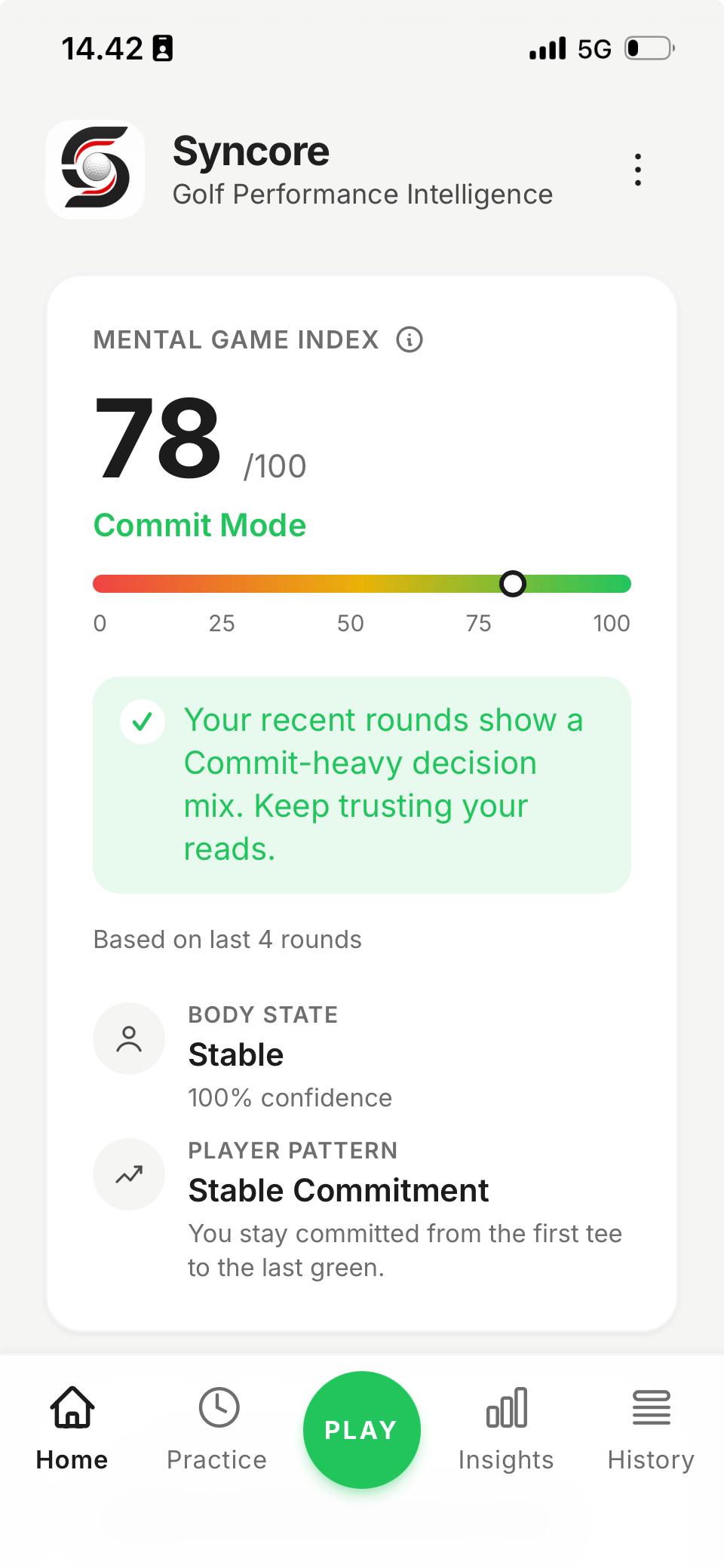 Syncore Home — Mental Game Index 78 (Commit Mode), recent rounds body state and Player Pattern across the last 4 rounds
