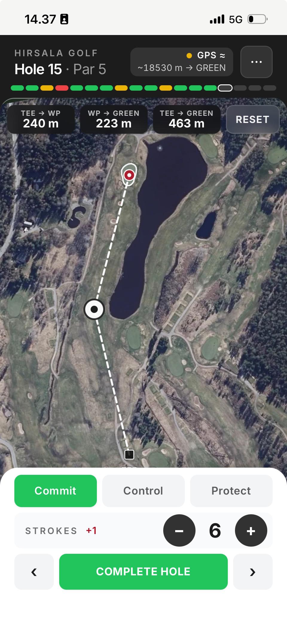 Syncore PLAY — Hirsala Hole 15 Par 5 with full round decision history across the top, Tee→Green 463 m, Commit selected on strokes +1